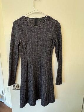 Theory Black and White Herringbone Long-Sleeve Fit-and-Flare Dress